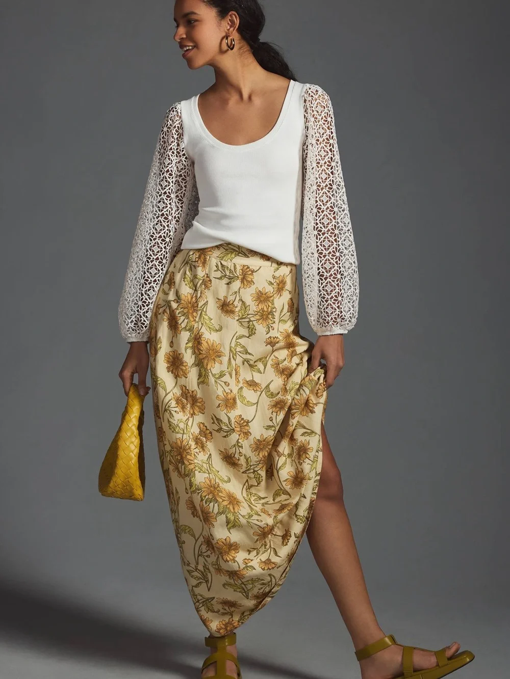 Anthropologie Maeve Lace-Sleeve Ribbed Top - White